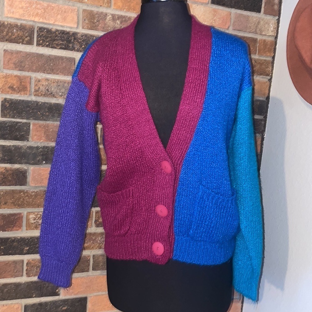 DHI Vintage Colorblock Knit Cardigan Sweater Blue Magenta Purple‎ Small RN 45479